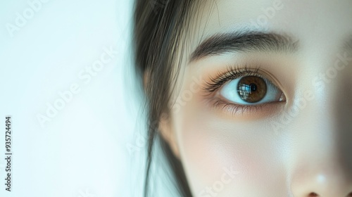 Close-up of a woman's eye with long eyelashes and a reflection in the pupil.