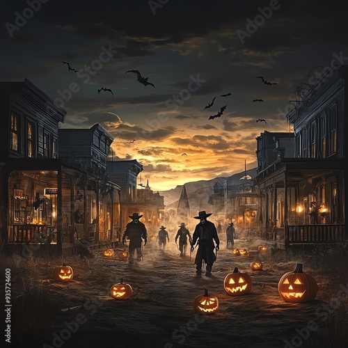 A spooky Halloween scene in a ghost town with eerie figures, pumpkins, and a dramatic sunset sky, perfect for seasonal themes.