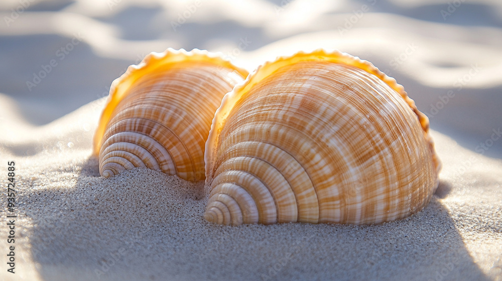 Two seashells rest on a sunlit sandy beach, casting soft shadows. The shells' textured surfaces contrast against the smooth, warm sand, creating a serene and tranquil seaside scene