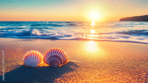 Two seashells rest on a sunlit sandy beach, casting soft shadows. The shells' textured surfaces contrast against the smooth, warm sand, creating a serene and tranquil seaside scene