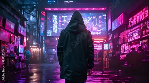 A hooded figure walks down a neon-lit cyberpunk alleyway in the rain