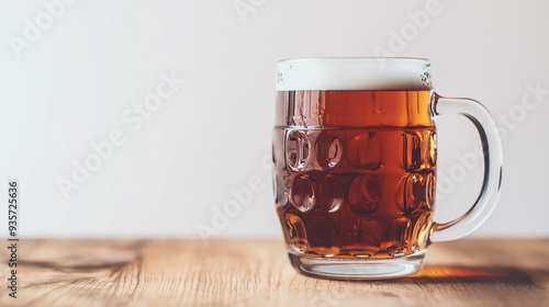 Mug with beer on wooden table on white background with copy space. photo