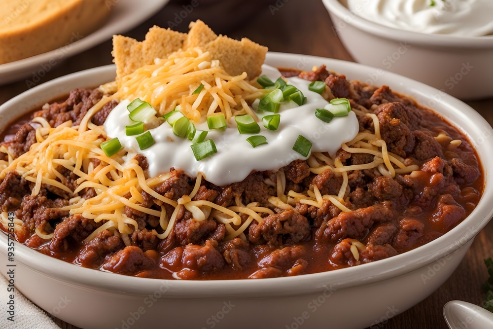 A hearty beef chili topped with shredded cheese sour cream and chopped green onions, AI Generated A hearty beef chili topped with shredded cheese sour cream and chopped green onions, AI Generated
