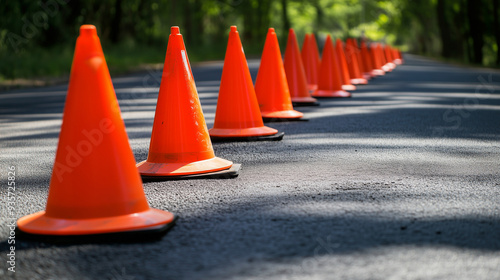 Rows of bright orange traffic cones placed on an asphalt road with space for copying. photo