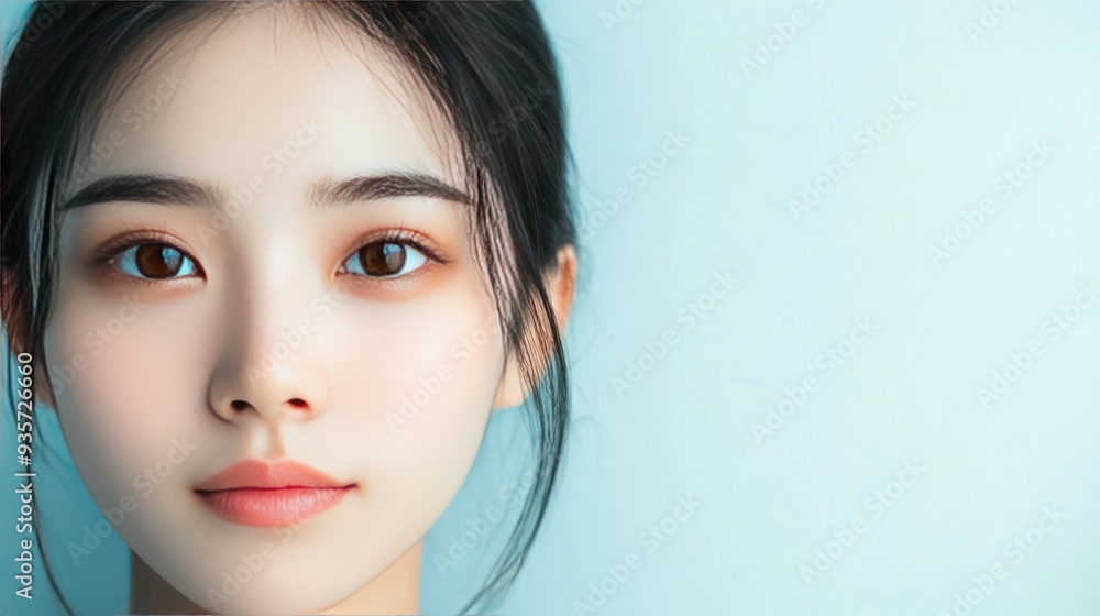Close-up portrait of a young woman with brown eyes and soft pink lips against a light blue background. Close-up portrait of a young woman with brown eyes and soft pink lips against a light blue background.
