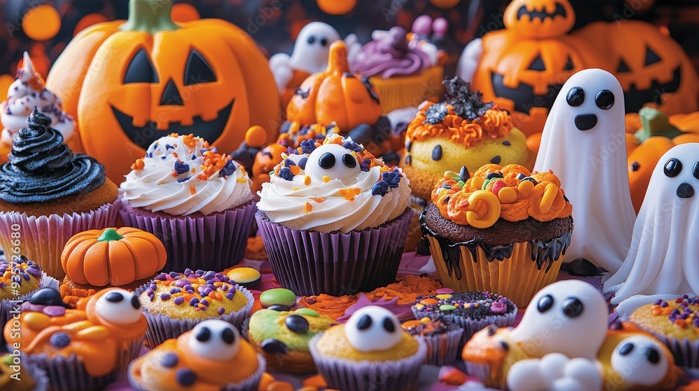 Playful Halloween Cupcakes with Ghost Decorations and Festive Treats Playful Halloween Cupcakes with Ghost Decorations and Festive Treats