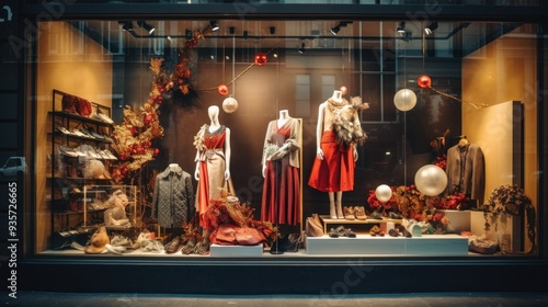 Boutique storefronts with window displays decorated with eye-catching clothing and fashion accessories.