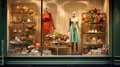 Boutique storefronts with window displays decorated with eye-catching clothing and fashion accessories.