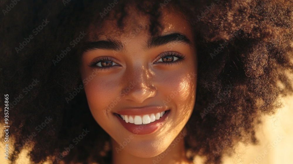 A young woman with vibrant, curly hair smiles brightly while standing outdoors in warm sunlight, enjoying a moment of joy. A young woman with vibrant, curly hair smiles brightly while standing outdoors in warm sunlight, enjoying a moment of joy.