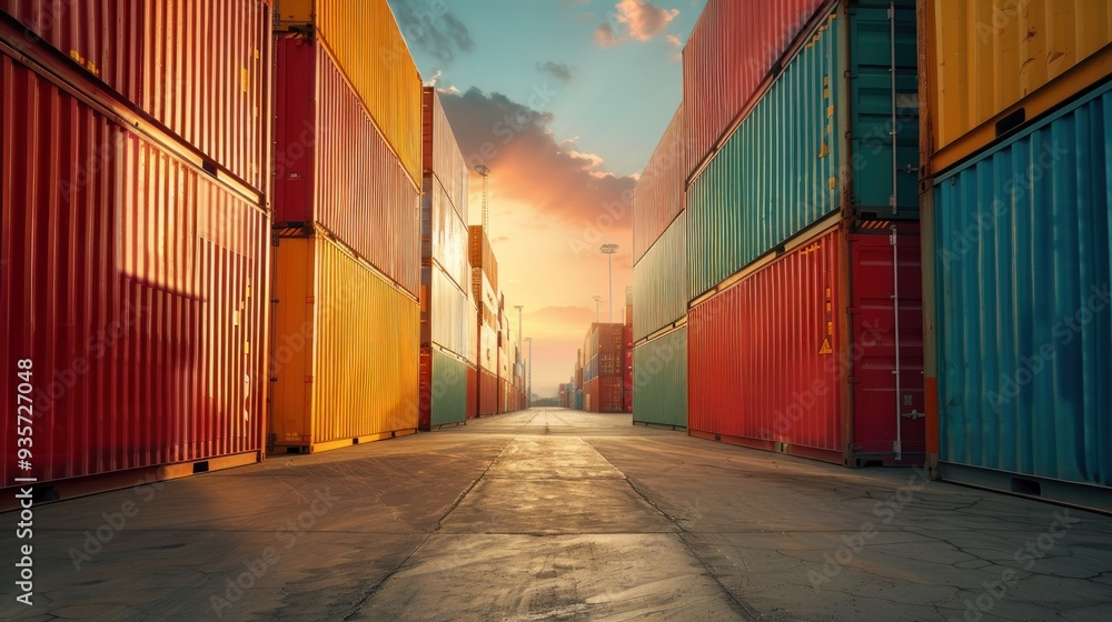 Fototapeta premium Container transporting goods to trucks in the shipyard. Cargo container