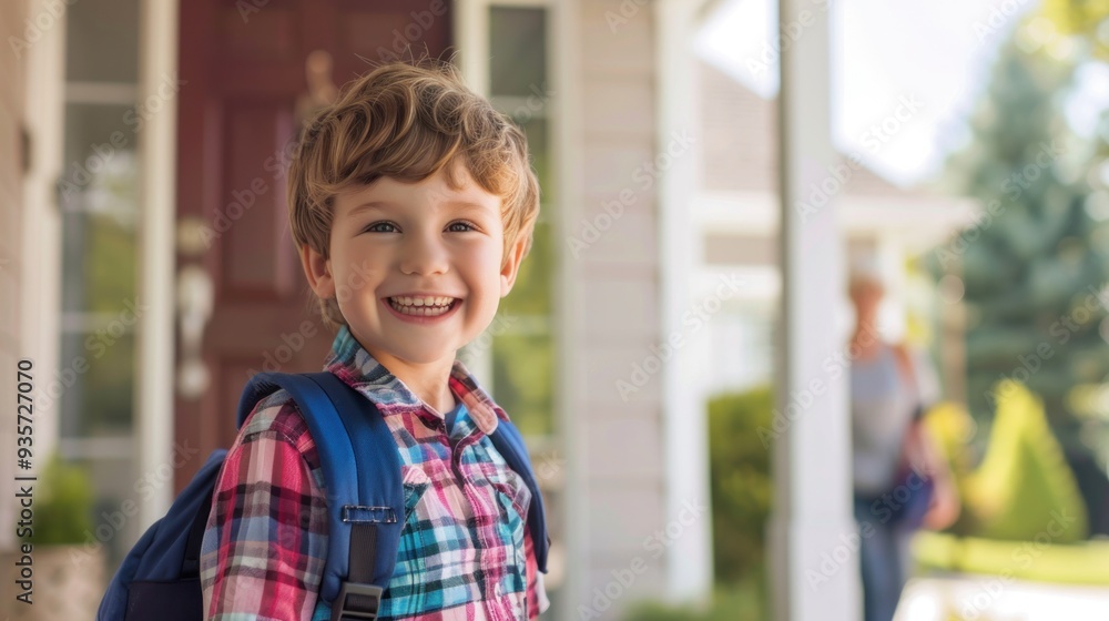 Smiling Caucasian boy wearing new school shirt and backpack Walking out of the house to go to school Smiling Caucasian boy wearing new school shirt and backpack Walking out of the house to go to school