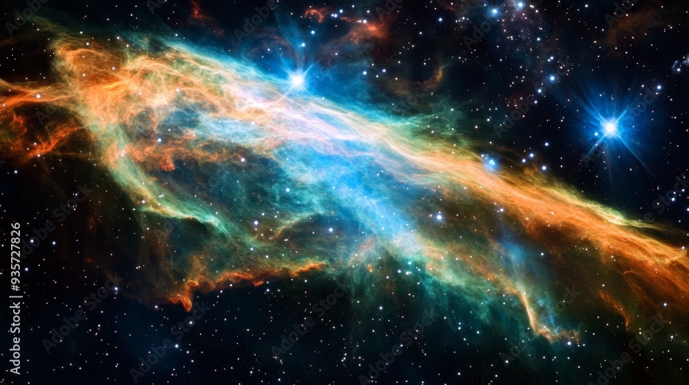 Fototapeta premium An enchanting depiction of a radiant nebula featuring glowing stars and colorful swirling gases, exhibiting a stunning interplay of blue, green, and orange hues in space.