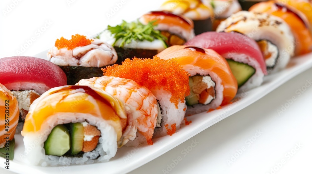A deluxe sushi platter presented from a close-up angle, featuring an artistic arrangement of sushi rolls with various toppings, highlighting the intricacies and beauty of Japanese cuisine. A deluxe sushi platter presented from a close-up angle, featuring an artistic arrangement of sushi rolls with various toppings, highlighting the intricacies and beauty of Japanese cuisine.