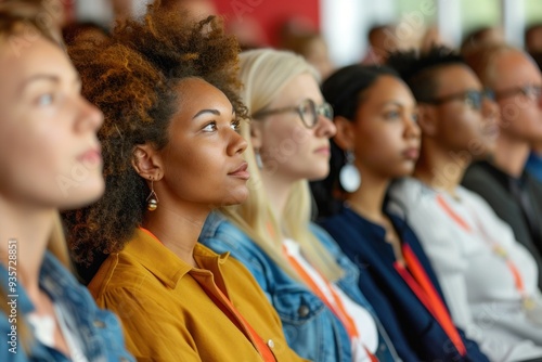 Various employees listening to presentations in a conference seminar