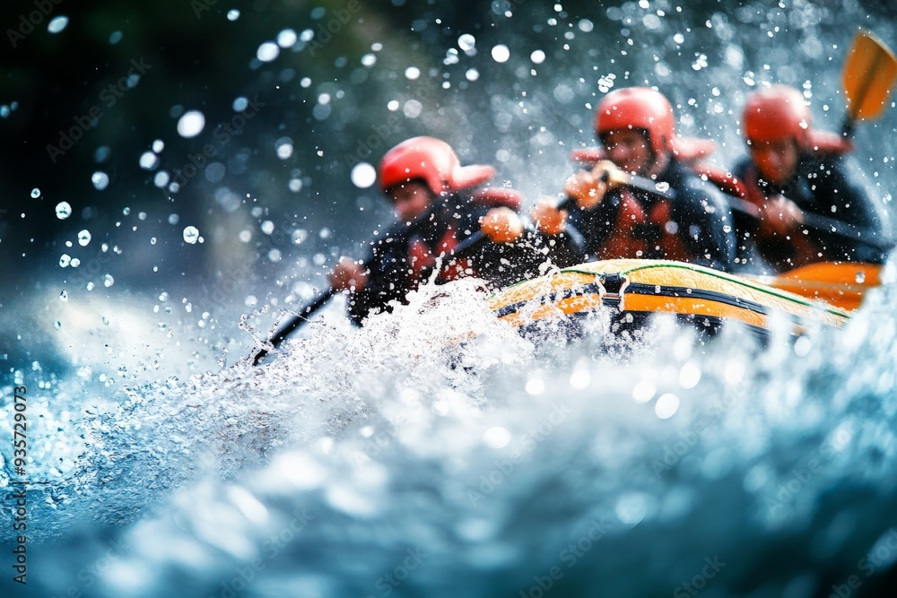 Fototapeta premium A group of adventurers in helmets and life jackets, braving the intense splash of water waves, are rowing in an orange raft, showcasing the thrill of whitewater rafting.