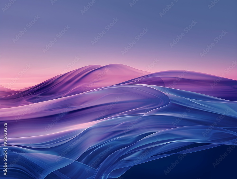 A tranquil abstract landscape with flowing purple and blue waves at dusk A tranquil abstract landscape with flowing purple and blue waves at dusk