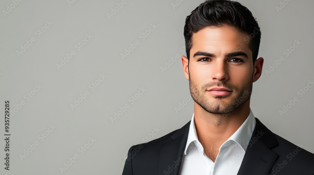 Close-up portrait of a handsome man in a suit looking at the camera.