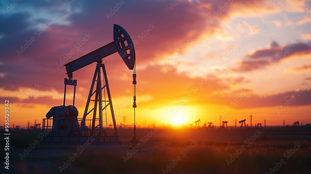 A striking silhouette of an oil pumpjack against a vibrant sunset, symbolizing energy and industry in a beautiful landscape. A striking silhouette of an oil pumpjack against a vibrant sunset, symbolizing energy and industry in a beautiful landscape.