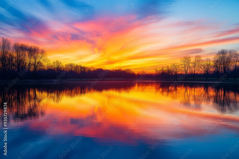 A breathtaking sunset with vibrant colors of pink, orange, and blue, reflecting perfectly on a calm lake surface, surrounded by silhouettes of trees and a clear sky. A breathtaking sunset with vibrant colors of pink, orange, and blue, reflecting perfectly on a calm lake surface, surrounded by silhouettes of trees and a clear sky.