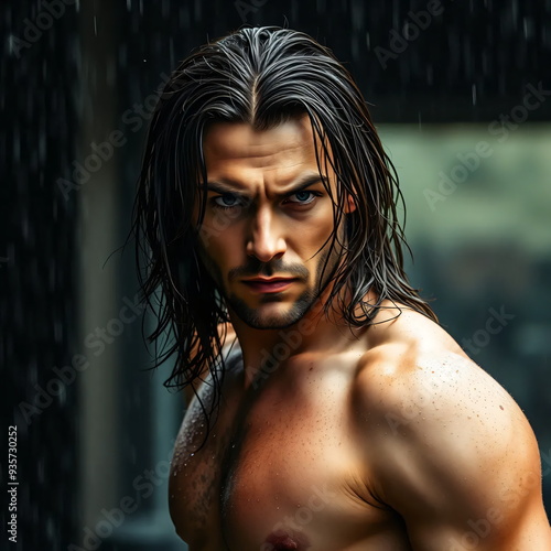 shirtless man with long hair in the rain and a combative look
 photo