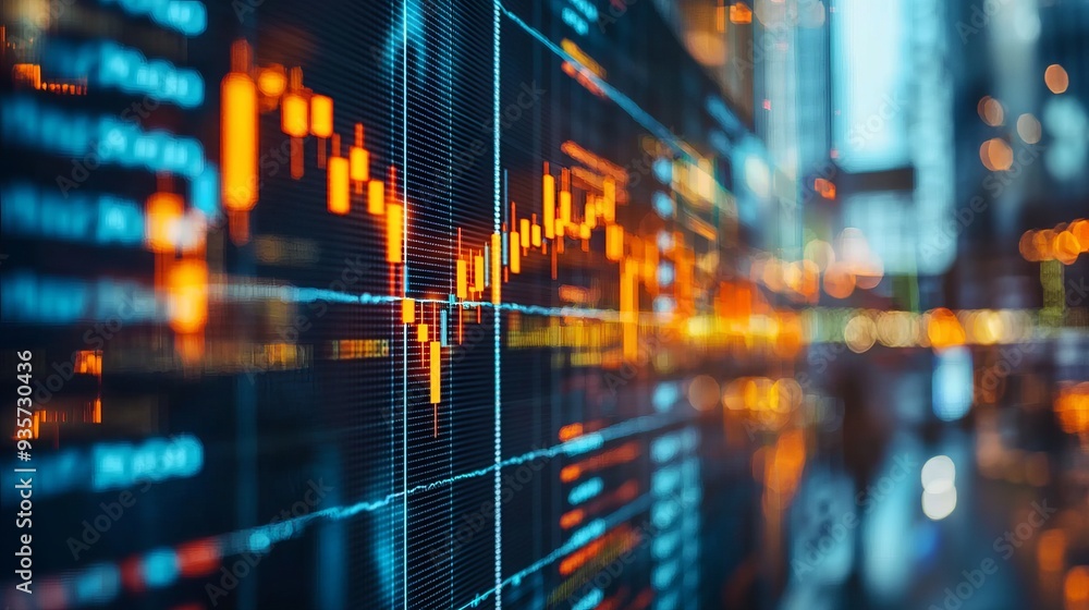 Dynamic stock market graph displaying financial trends and growth, showcasing data visualization in a modern urban setting.