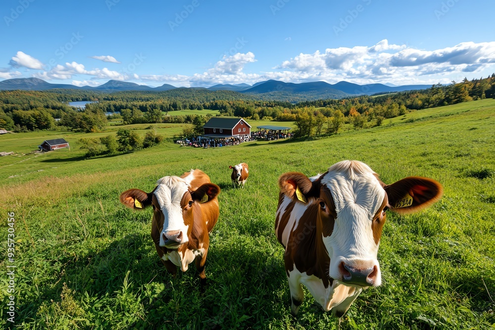 Fototapeta premium A farm-to-table concept image, showing livestock in a pasture with a distant view of a farmhouse and a farm shop selling fresh produce