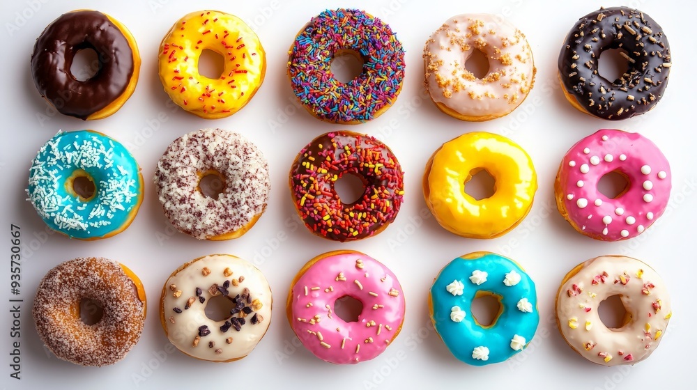 A delightful collection of donuts with vibrant icing and a variety of creative toppings, all neatly arranged in rows, providing an enticing visual appeal and mouth-watering treat. A delightful collection of donuts with vibrant icing and a variety of creative toppings, all neatly arranged in rows, providing an enticing visual appeal and mouth-watering treat.