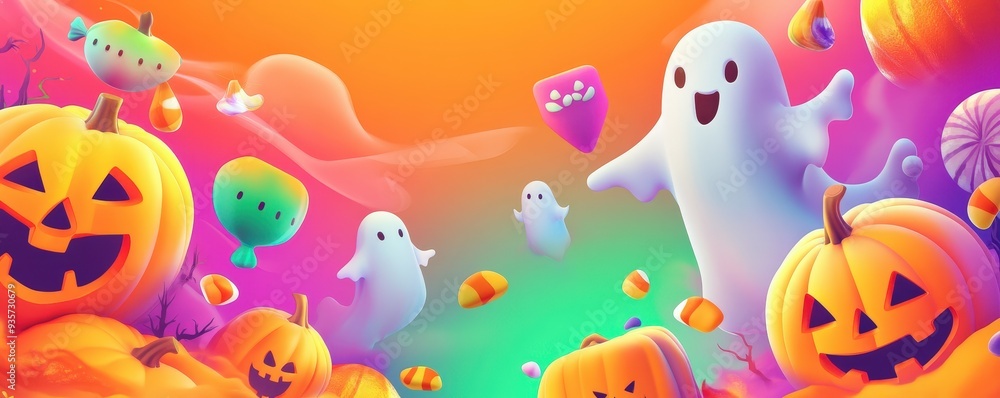 Bold Halloween Flash Sale Banner with Colorful Pumpkins and Ghosts Bold Halloween Flash Sale Banner with Colorful Pumpkins and Ghosts