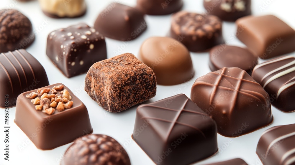A delightful close-up view of a variety of chocolate confections, each uniquely decorated with textures and patterns, presenting an irresistible and artistic display on a white background. A delightful close-up view of a variety of chocolate confections, each uniquely decorated with textures and patterns, presenting an irresistible and artistic display on a white background.