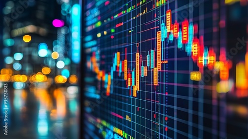 Vibrant stock market chart displaying fluctuating prices with colorful lines against a blurred city backdrop.