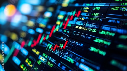 Vibrant stock market display showcasing financial data and trading trends with dynamic charts and colorful metrics.