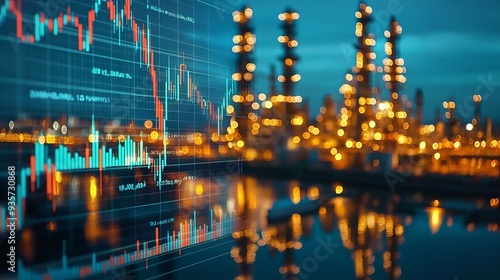 A blend of finance and industry, showcasing a detailed graph overlay on an oil refinery background at dusk. photo