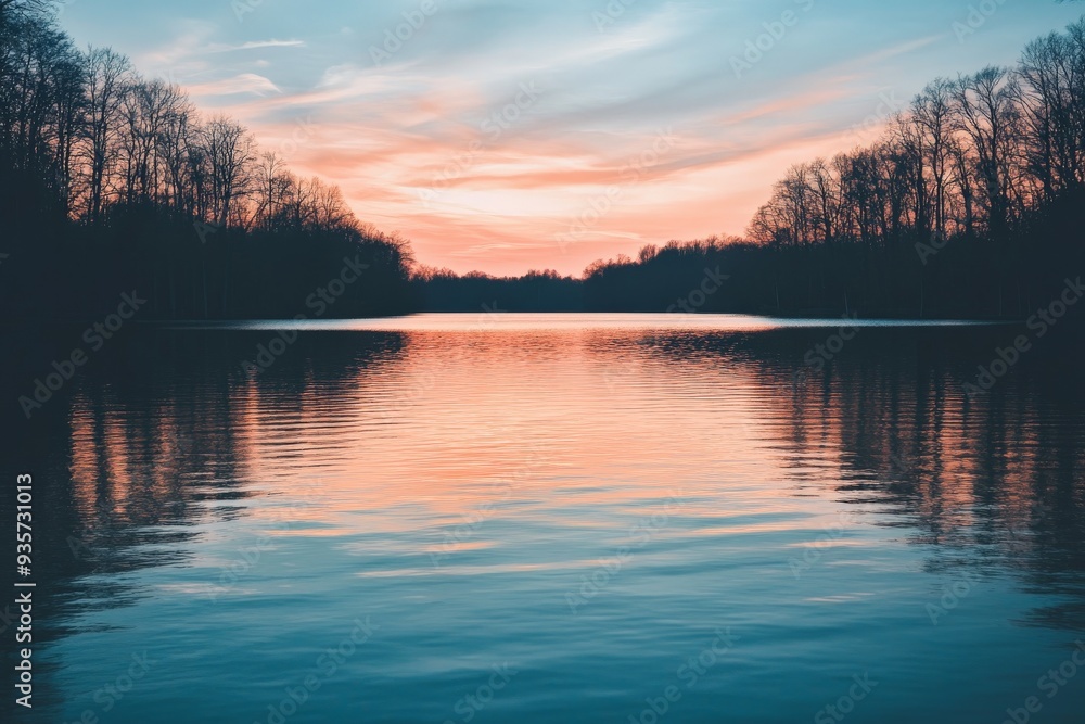 A soft, pastel-colored sunset over a serene lake, with bare trees reflected in the calm water, creating a peaceful and tranquil atmosphere in the evening. A soft, pastel-colored sunset over a serene lake, with bare trees reflected in the calm water, creating a peaceful and tranquil atmosphere in the evening.