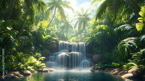 waterfall cascades through a lush tropical rainforest, sunlight filtering through dense green foliage. The tranquil scene captures the essence of natural beauty and serenity in the wilderness