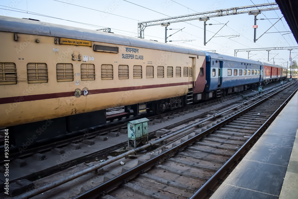 Delhi, India, June 09 2024 - Indian railway express train at departure ...