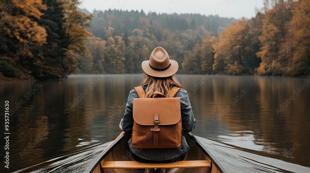 A person wearing a jacket and red hat rows a wooden canoe on a calm lake, surrounded by dense forests and stunning natural scenery. This captures the essence of adventure and relaxation A person wearing a jacket and red hat rows a wooden canoe on a calm lake, surrounded by dense forests and stunning natural scenery. This captures the essence of adventure and relaxation