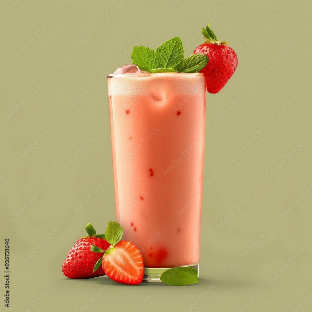 A tall glass of strawberry milkshake with ice cubes and garnished with a strawberry and mint leaves on a green background. A tall glass of strawberry milkshake with ice cubes and garnished with a strawberry and mint leaves on a green background.