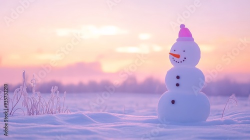 A snowman wearing a pink hat stands tall in a tranquil snowy field at dawn, with a pristine snow-covered landscape illuminated by the soft morning light. photo