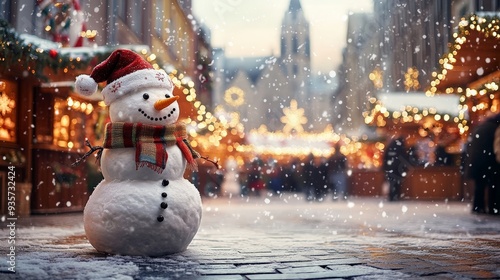 Amidst falling snow in a festive marketplace, a grinning snowman donned in a Santa hat and plaid scarf captures the holiday cheer and seasonal magic of winter. photo