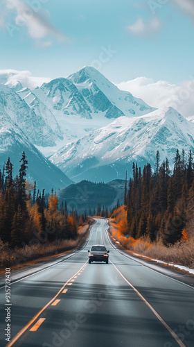 Generative AI illustration. A beautiful road trip scene with snowy mountains in the background