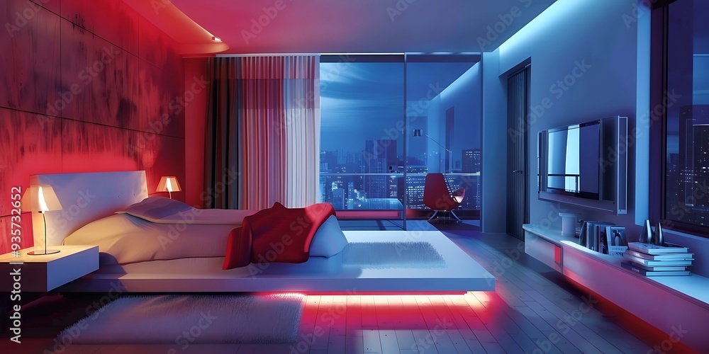 Modern bedroom with sleek design and eclectic mixed blue and red color background Modern bedroom with sleek design and eclectic mixed blue and red color background