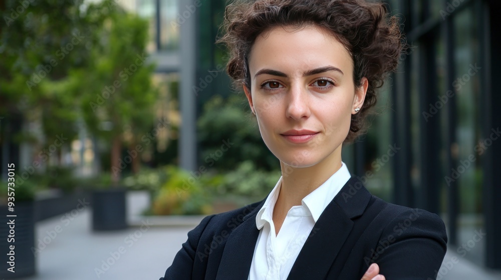 Portrait of a confident young businesswoman in a black suit with her arms crossed in an urban setting. Portrait of a confident young businesswoman in a black suit with her arms crossed in an urban setting.