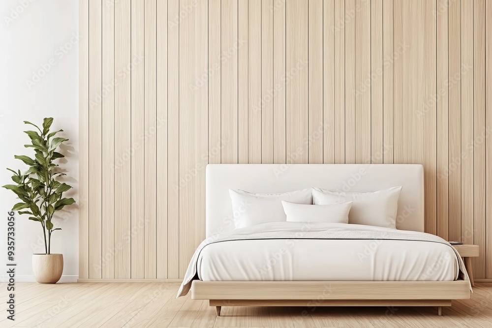 Fototapeta premium A modern bedroom with a white blank wall, decorative lamps, and cozy bedding. A 3D model rendering of an interior mockup.