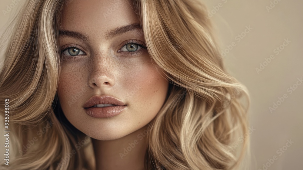 A young woman with wavy blonde hair and striking green eyes showcases her natural beauty in soft, flattering light. A young woman with wavy blonde hair and striking green eyes showcases her natural beauty in soft, flattering light.