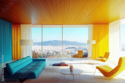 Wallpaper Mural A modern living room with a blue sofa, minimalist furniture, and large windows with views of the cityscape. A 3D rendering of the space. Torontodigital.ca