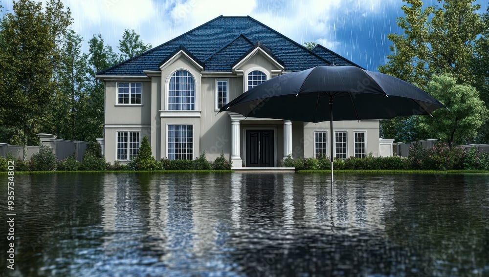 The red umbrella protects the house from rain and storms. Creative AI home insurance concept. The red umbrella protects the house from rain and storms. Creative AI home insurance concept.