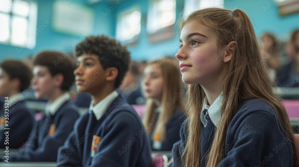 Fototapeta premium A girl with long hair is sitting in a classroom with other students