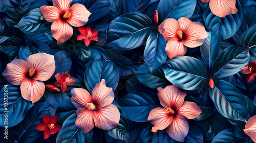 Vibrant blue leaves and pink flowers creating a striking contrast