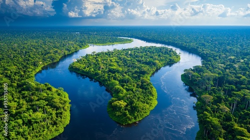 Aerial View of River Winding Through Lush Green Rainforest