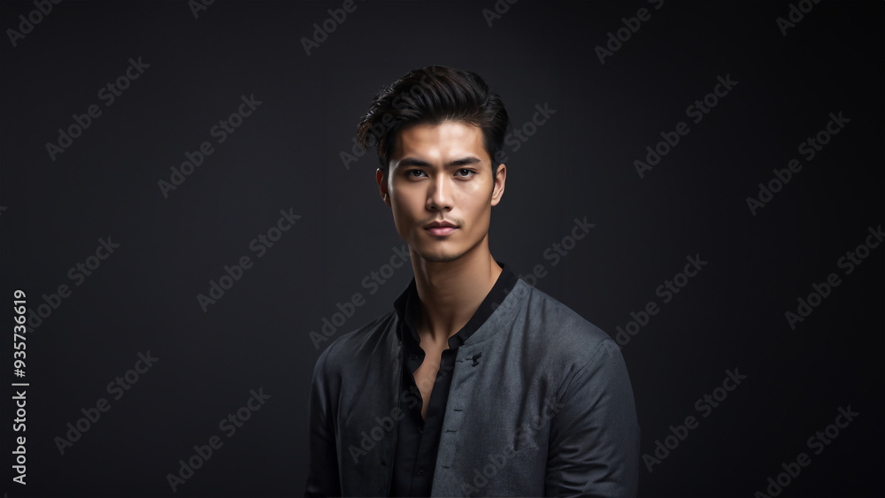 Obraz premium Stunning male model with flawless skin and natural beauty. Brunette with neat hair, gazing confidently at camera. Studio shot, perfect for skincare and cosmetic campaigns